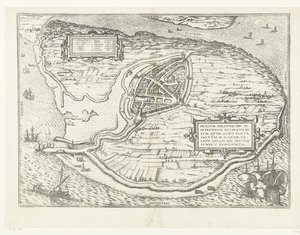 Kaart van het eiland Voorne en plattegrond van Brielle, 1572 door Frans Hogenberg