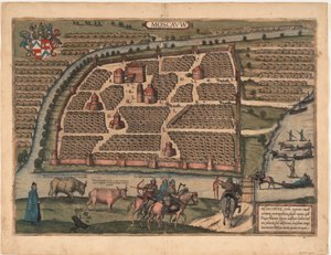 Kaart van Moskou uit de 16e eeuw. Uit: Civitates orbis terrarium, 1575 door Frans Hogenberg