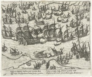 Het zinken van de Spaanse Armada in 1588, 1613-1615 door Frans Hogenberg