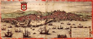 Uitzicht op Lissabon en de Taag vanuit: Civitates Orbis Terrarum, 1572