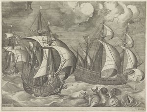 Drie oorlogsschepen, op de voorgrond Arion op een dolfijn (Zeilschepen)