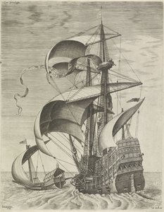 Een oorlogsschip begeleid door een galei door Frans Huys