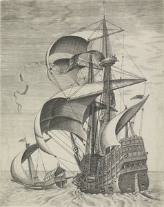 Een oorlogsschip begeleid door een galei door Frans Huys