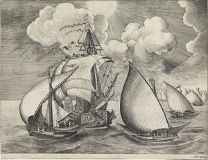 Een vloot bewapende galeien door een oorlogsschip vergezeld door Frans Huys