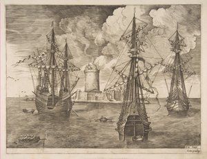 Viermaster links en twee driemasters voor anker bij een versterkt eiland met een vuurtoren, 1561-65 door Frans Huys