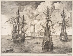 Viermaster en Twee Driemasters Voor Anker bij een Versterkt Eiland uit Het Zeilschip door Frans Huys