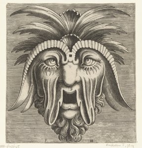 Masker met een openhangende, tandeloze mond, uitgezakte wangen en kuiven op het hoofd