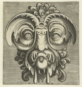 Masker met schotels rond de ogen en een toef krullen op het hoofd (Pourtraicture ingenieuse de plusieurs facons de masques)