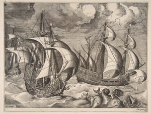Drie Karvelen in een Oplopende Storm met Arion op een Dolfijn uit De Zeilschepen door Frans Huys