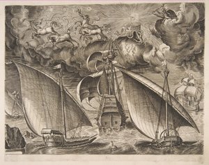 Twee galeien varen achter een bewapende driemaster met Phaeton en Jupiter in de lucht, f..., 1561-65