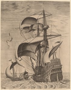 Gewapende Drie-Master op de Open Zee, Vergezeld door een Galerij door Frans Huys after Pieter Bruegel the Elder