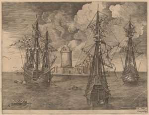 Viermaster (Links) en Twee Drie-Masters Geankerd bij een Versterkt Eiland met een Vuurtoren door Frans Huys after Pieter Bruegel the Elder