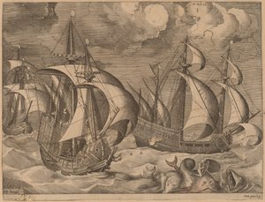 Drie karvelen in een opkomende storm met Adrion op een dolfijn door Frans Huys after Pieter Bruegel the Elder