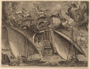 Twee galeien achter een bewapende driemaster met Phaethon en Jupiter in de lucht door Frans Huys after Pieter Bruegel the Elder
