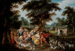 Arcadia: een pastorale landschap met herders en herderinnen die picknicken