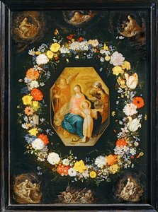 De Heilige Familie omringd door een bloemenkrans ...