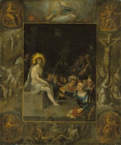 De bespotting van Christus, in een grisaille-omlijsting die God de Vader, de Evangelisten, de Kruisiging, de Opstanding en de Duivel en de Dood met de Gekroonde Slang afbeeldt door Frans II the Younger Francken