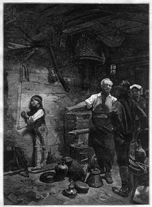 Portret van Gioachino Rossini (1792-1868), Italiaanse componist in de werkplaats van de ketelmaker - gravure naar het schilderij van Franz Meerts (1836-1896) door Frans Meerts
