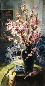 Appelbloesems en Blauw-Wit Porselein op een Tafel