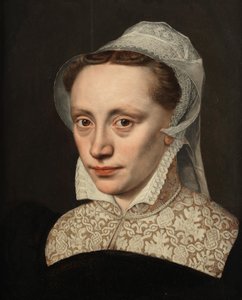 Portret van een dame, borstlengte, in zwart kostuum met witte kanten kraag en hoofdtooi