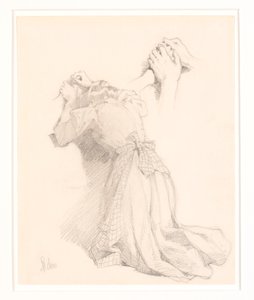 Een blad met vijf potloodschetsen. Vrouwelijke figuren. Studie van handen. door Frans Schwartz