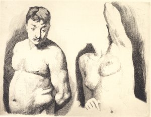 Proefplaat met twee studies naar naakte mannelijke en vrouwelijke modellen in halffiguur