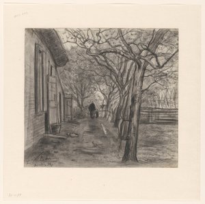 Boerenerf met bomen, vrouw en kind
