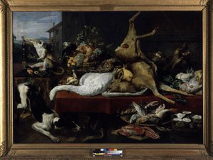 Stilleven van wild, vis, fruit en groenten