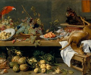 Stilleven met fruit, groenten en dood wild door Frans Snyders