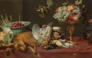 Stilleven met kleinwild en fruit door Frans Snyders or Snijders