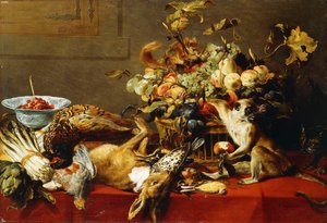 Een mand met fruit op een gedrapeerde tafel met dood wild en een aap