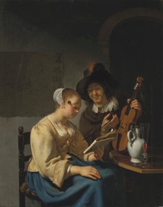 Vrouw met bladmuziek en een man met een viool