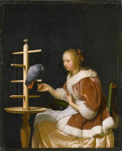 Jonge vrouw die een papegaai voedt, 1663