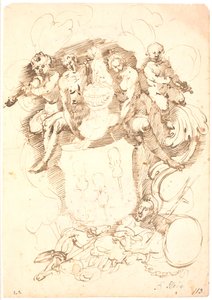 Heraldische compositie: wapenschild met drie omgekeerde violen, helm met hondenkroon, omgeven door twee figuren en twee vioolspelende putti, alles rustend op liggende manfiguur (Neptunus?) door Frantz Cleyn