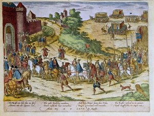 Intocht van Hertog Ferdinand Alvare van Toledo of Fernando Alvarez de Toledo y Pimentel (1508-1582), 3e Hertog van Alba de Tormes, in Brussel op 08/08/1567 met het Spaanse leger. 1653 Prent door Franz Hogenberg (1535-1590) Kabinet van Prenten, B.N., Parijs