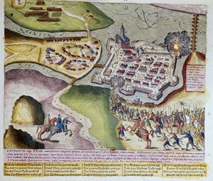 De verovering van Raab door Adolf Schwarzenberg op 28/03/1598. 1653 Prent door Franz Hogenberg (1535-1590)
