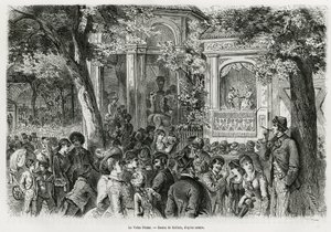 De Volks Prater: populair deel van de hoofdprater, met tal van attracties, circus, orkest en poppenshow. Gravure door Kollarz, ter illustratie van het verhaal Wenen en zijn buitenwijken, door M. Newlinski, in 1881, gepubliceerd in de Tour du monde, onder l
