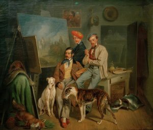 De broers Benno, Franz en Eugen Adam in het atelier door Franz Adam