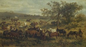 Paarden bij een trog door Franz Adam