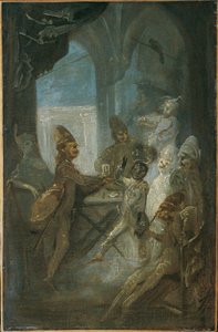 Theaterscène (spelende kinderen als soldaten?) door Franz Anton Maulbertsch