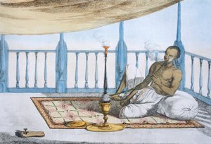 Man die een waterpijp rookt van hasj of opium, uit 