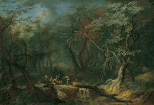 Boslandschap met omgevallen boom en jagers
