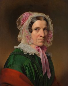 Portret van een oudere dame met kanten kap en roze linten