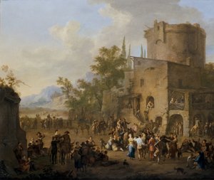 Een Italiaans stadsgezicht met figuren die de Saltarello dansen