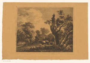 Herderspaar met kudde op een open plek in het bos door Franz Gabet