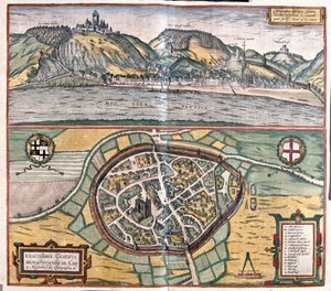 Nauwkeurige illustratie van de stad Munstermaifeld in Maifeld, Duitsland door Franz Hogenberg