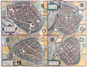 Arnhem en Venlo, Nederland - Geldern, Duitsland en Roermond, Nederland door Franz Hogenberg