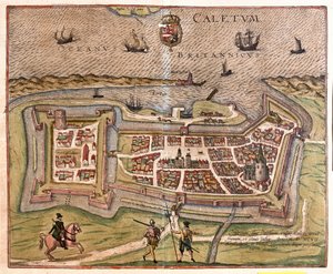 Calais, Frankrijk: de poort, het fort en de sleutel van Frankrijk, kwamen in 1597 onder de macht van de Spaanse koning Filips (gravure) door Franz Hogenberg