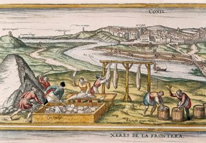 Conil de la Frontera, de vissers drogen de vis, snijden hem, verkopen hem en verpakken hem in vaten voor verkoop, uit "Civitatis Orbis Terrarum"