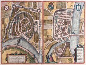 Grenoble en Romans sur Ister, Frankrijk (gravure) door Franz Hogenberg